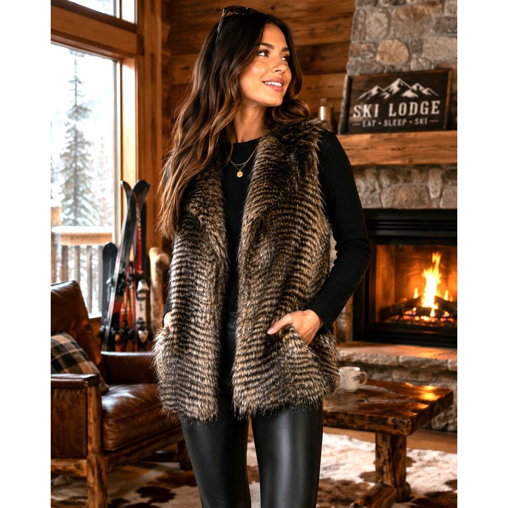 JACK Faux Fur Vest Brown Black Striped Boho Cozy Pockets Size Small